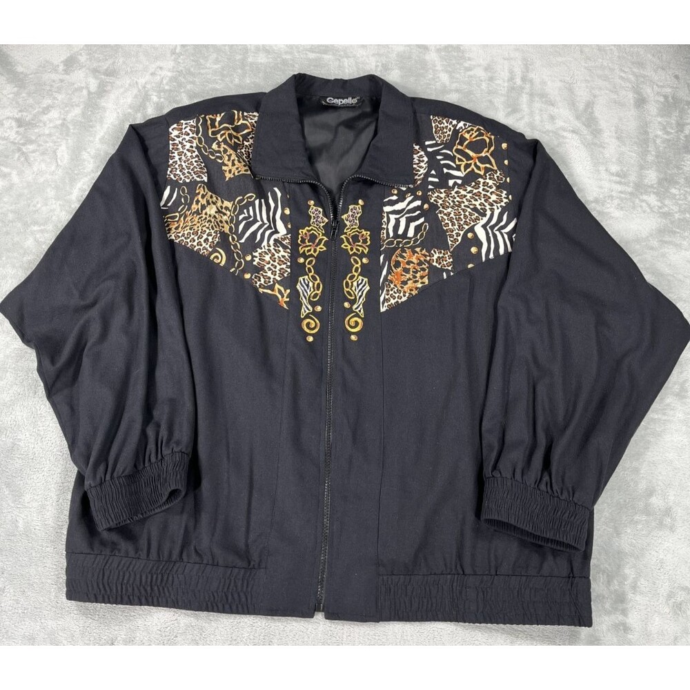 VTG Gepetto Jacket Animal Print Embroidered Gold Zebra Leopard Full Zip XL
